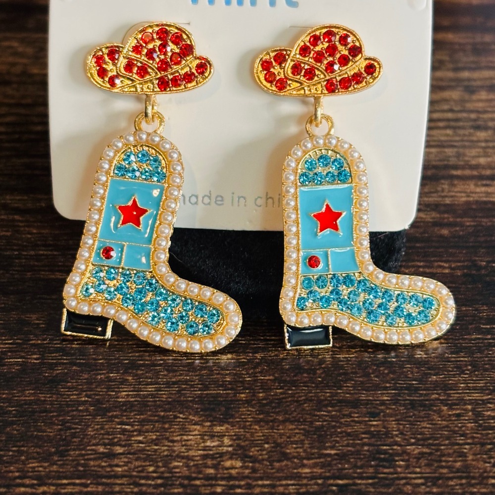 Cowboy Boot and Hat Drop Earrings Blue Red Rhinestone Pearl Western